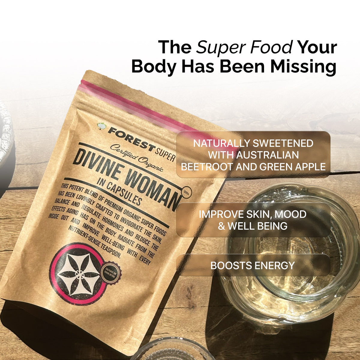 Divine Woman Multivitamin Powder packaging with benefits for skin, mood, energy, naturally sweetened with beetroot and apple