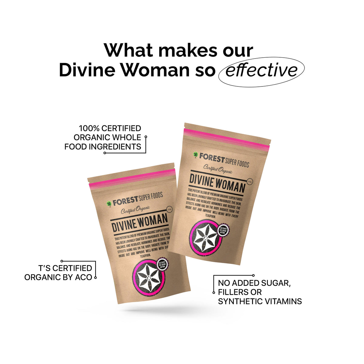 Divine Woman Multivitamin Powder packaging highlighting certified organic whole food ingredients and no added sugars or fillers