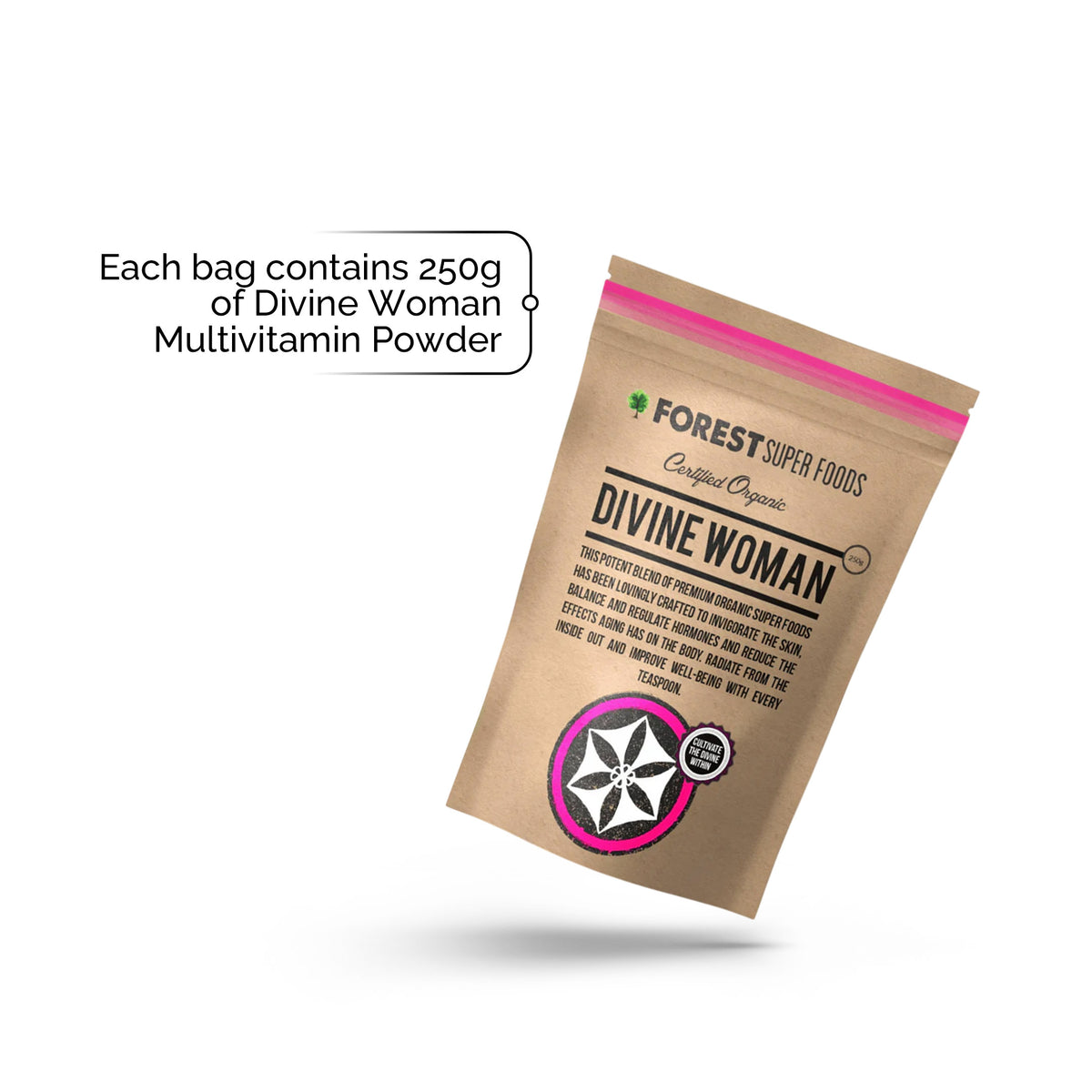 Packaging of Divine Woman Multivitamin Powder by Forest Super Foods with 250g of organic blend in resealable pouch