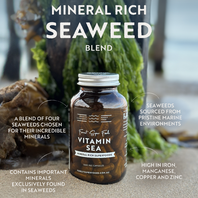 Vitamin Sea Capsules bottle highlighting mineral-rich seaweed blend with iron, manganese, copper, and zinc benefits