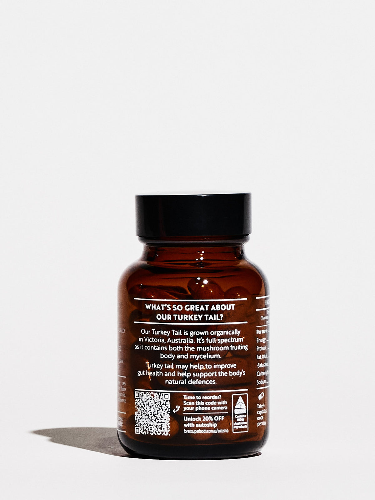 Mini Turkey Tail Capsules bottle with detailed organic mushroom supplement benefits and QR code for reorder discounts