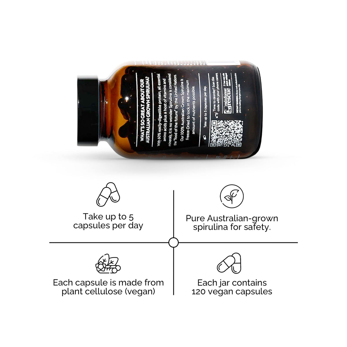 Australian Freeze Dried Spirulina bottle with 120 vegan capsules, plant cellulose, and dosage instructions shown clearly