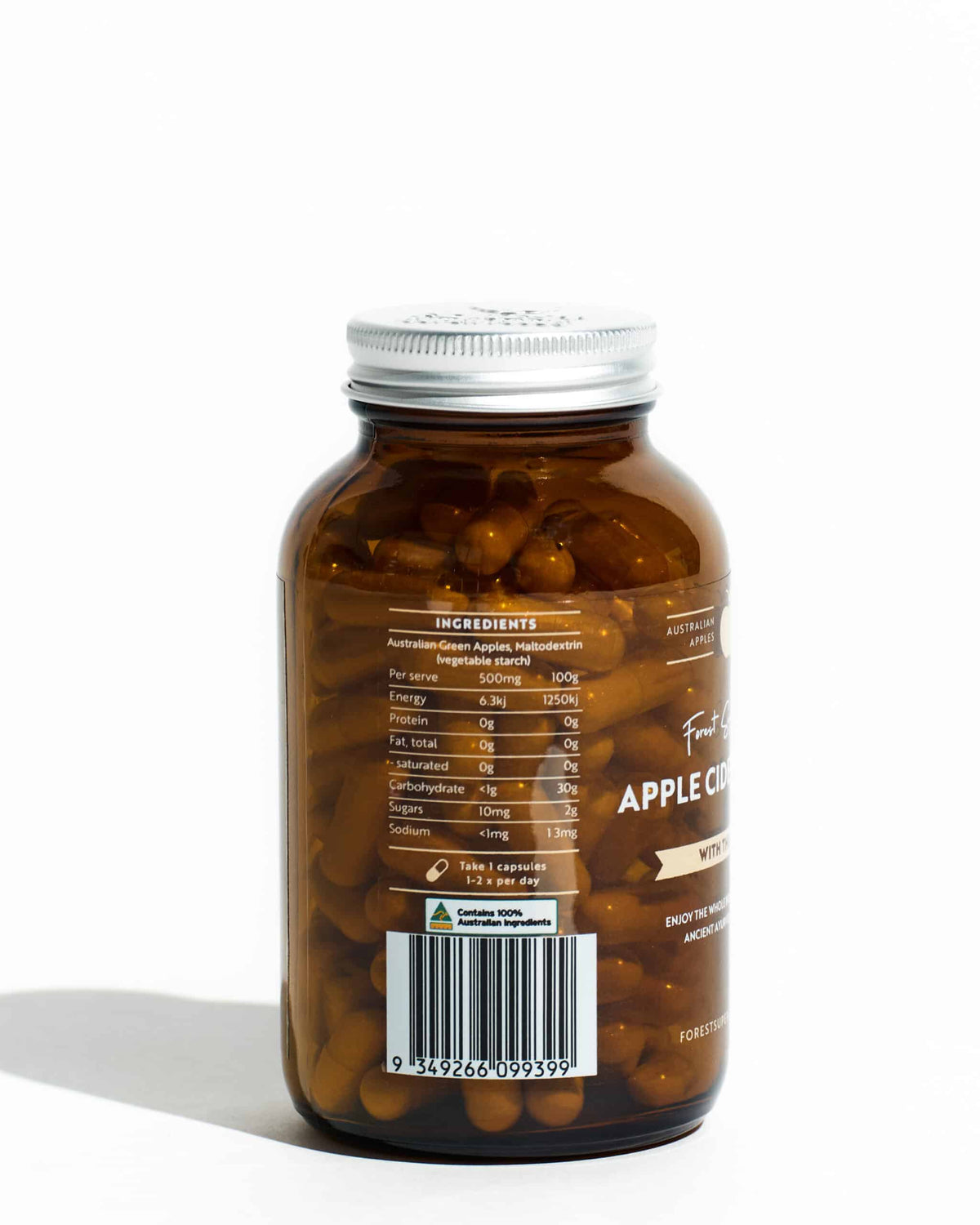Australian Apple Cider Vinegar Capsules bottle showing nutrition label and ingredient details by Forest Super Foods