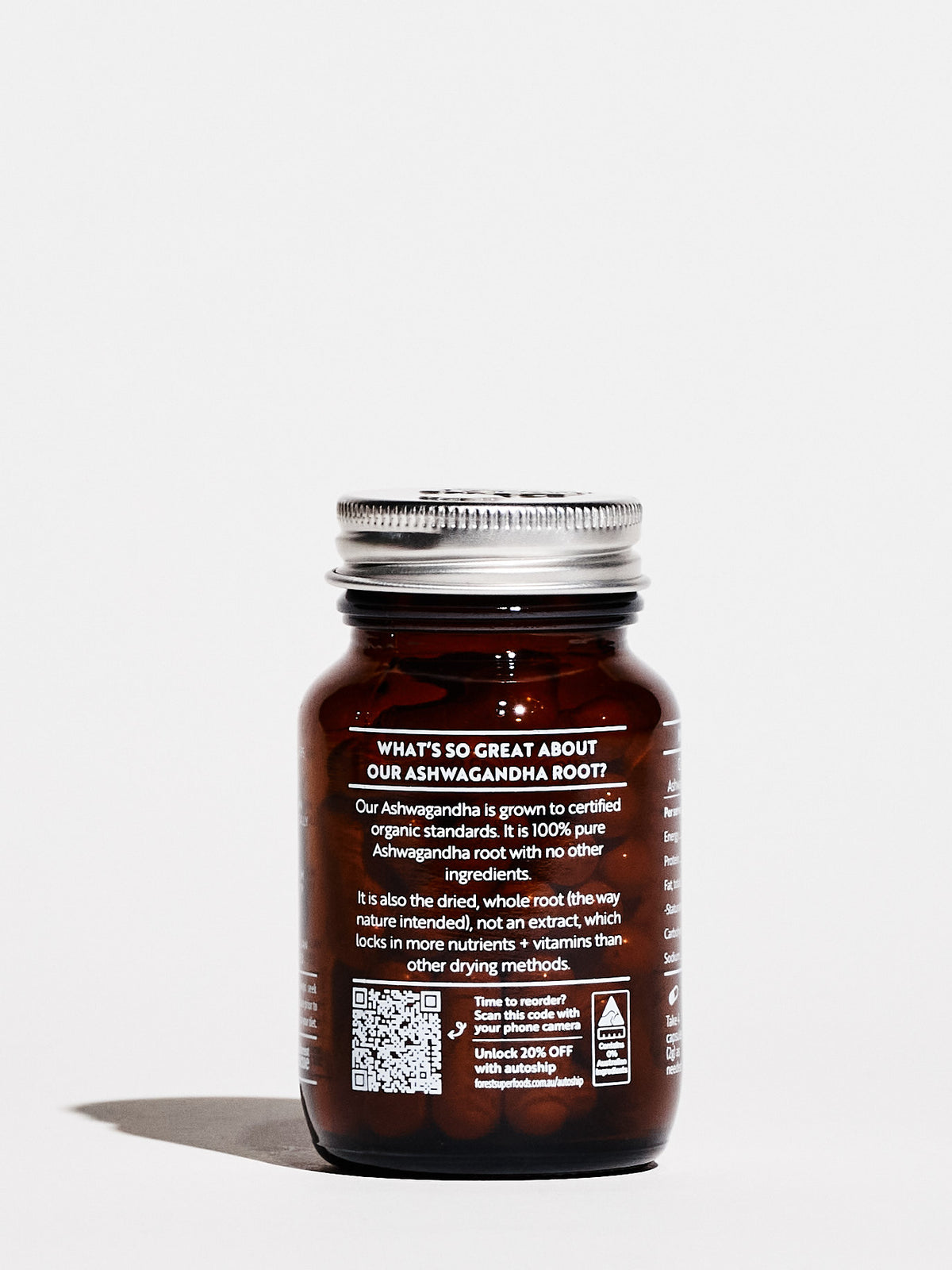 Mini Pure Ashwagandha Root Capsules amber jar showing ingredient details and organic certification label