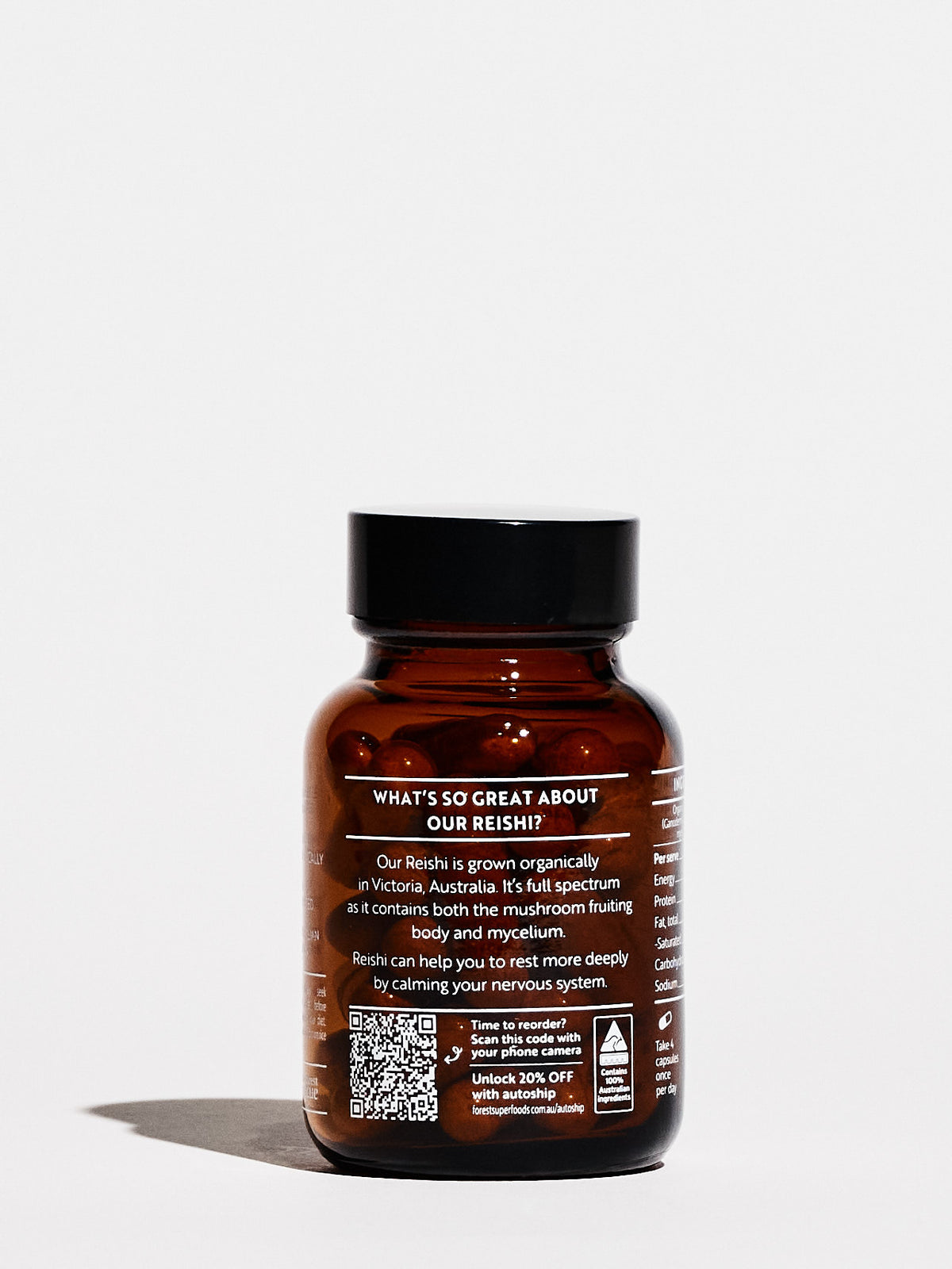 Mini Australian Grown Reishi Mushroom Capsules amber bottle showing organic full spectrum mushroom and mycelium blend label