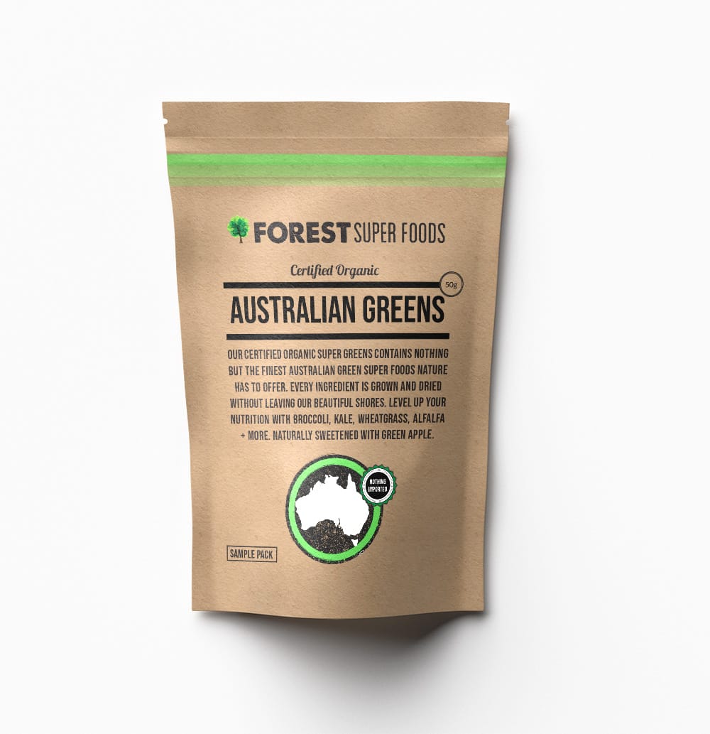 Mini Australian Greens Powder by Forest Super Foods with organic wheatgrass, kale, broccoli, and green apple sweetener