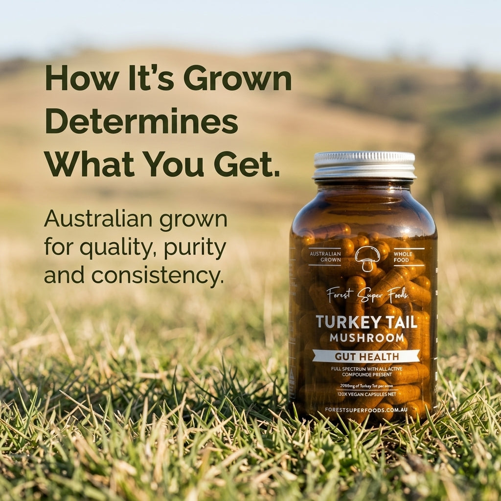 Turkey Tail Mushroom bottle with text about it being Australian grown quality and consistency on a grassy background