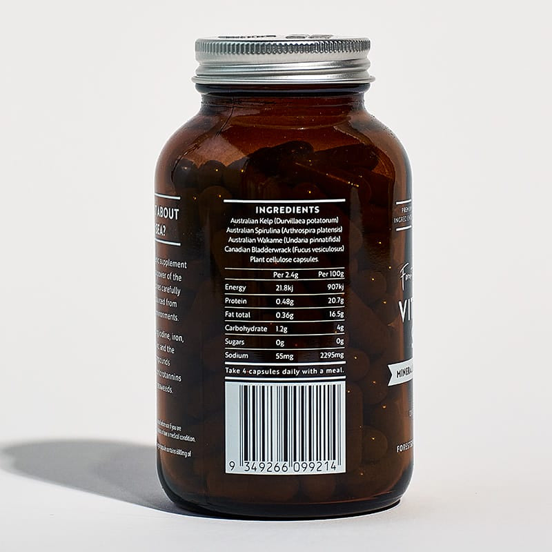 Vitamin Sea Capsules bottle displaying nutritional facts, ingredients, and ocean minerals blend from Australian and Canadian seaweeds